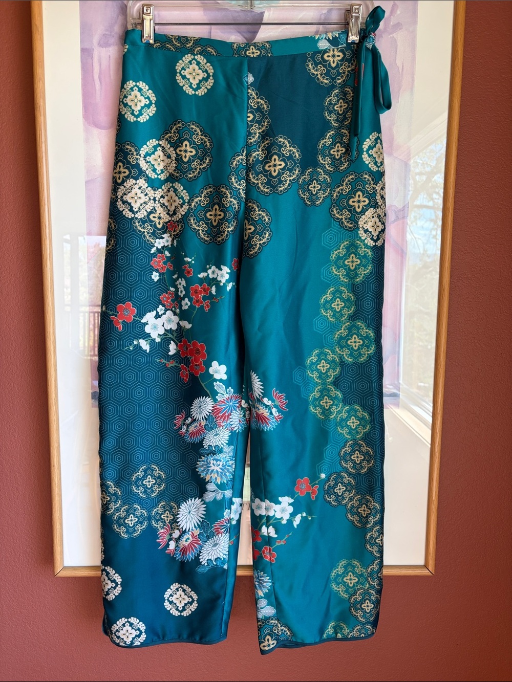 Natori Satin Pants, Teal Blue/Green w/ Floral Gold Geometric Pattern, Size S